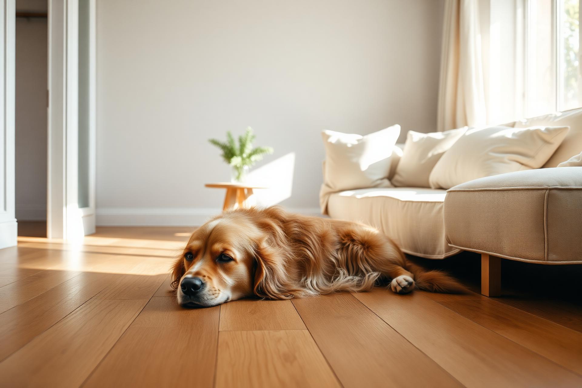 A calm golden retriever resting in a sunlit minimalist living room